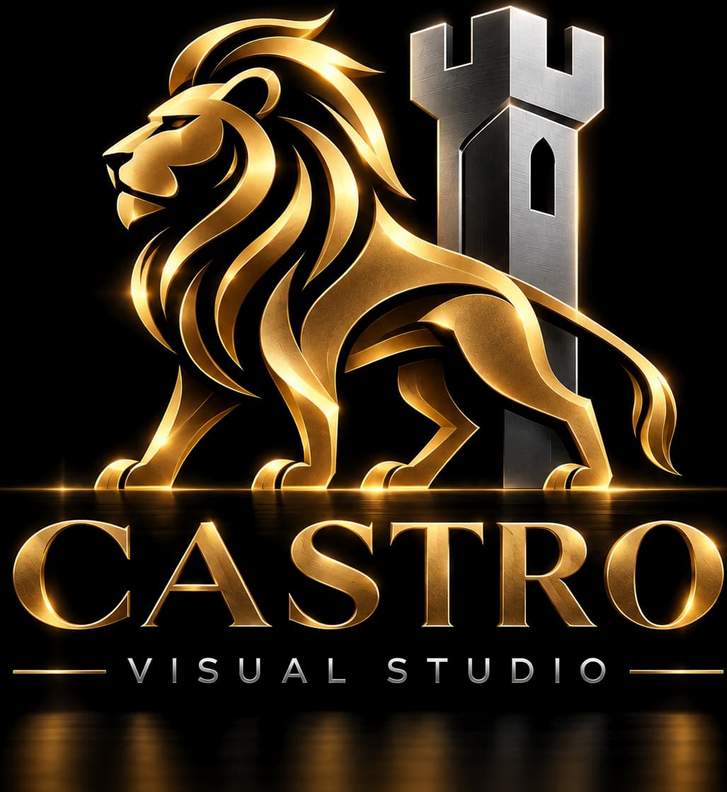 Logo da Castro Visual Studio: leão dourado diante de uma torre prateada
